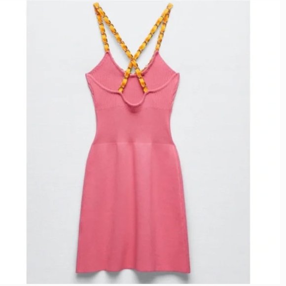 Zara Dresses Zara Pink Orange Ribbed Knit Bandage Cross Back Mini
